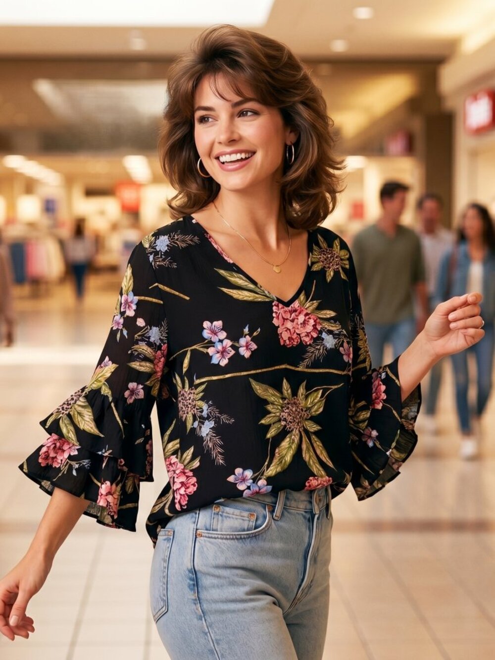 Unique Spectrum Women XL Blouse Black Floral Flutter Sleeve Boho VTG Statement